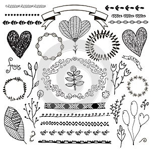 Vector hand drawn doodle romantic set. Linear illustration - flowers, wreaths, deviders, frames, leaves.