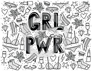 Vector hand drawn doodle style illustration with `Girl`s power` lettering and women`s stuff