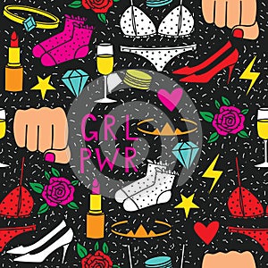 Vector hand drawn drawing doodle seamless pattern with the inscription `Girl`s power` and female things isolated on black backg