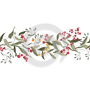 Vector hand drawn element for print design. Horizontal border seamless of flowers and herbs in watercolor style on white