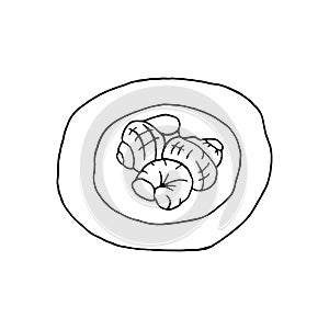 Vector hand drawn escargot on plate top view. French cuisine dish of snails. Design sketch element for menu cafe, bistro,