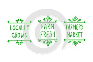 Vector Hand Drawn Farming Icons, Doodle Floral Frames and Handwritten Letters: Farmers Market, Locally Grown and Farm Fresh.