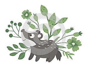 Vector hand drawn flat baby badger with leaves, twigs and flowers. Funny scene with woodland animal. Cute forest animalistic