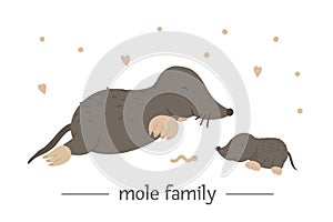 Vector hand drawn flat baby mole with parent