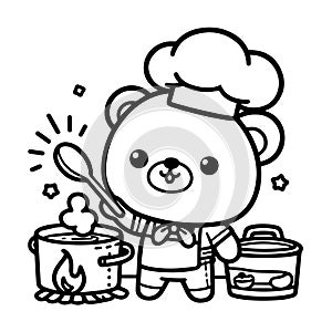 Vector hand drawn flat design outline of a little bear cooking photo