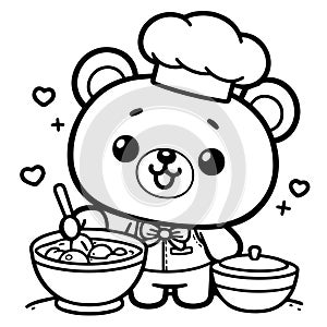 Vector hand drawn flat design outline of a little bear cooking photo