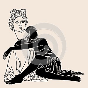 Vector hand drawn flat  illustration of woman with drapery and antique head of Apollo isolated.