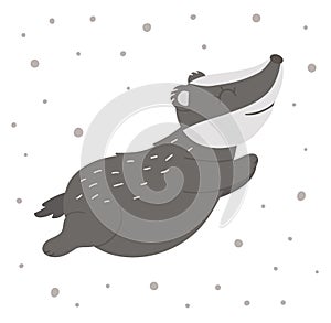 Vector hand drawn flat jumping badger. Funny woodland animal. Cute forest animalistic illustration for childrenâ€™s design, print