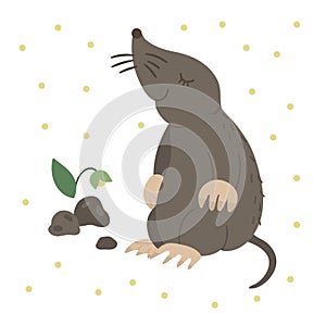 Vector hand drawn flat sitting mole. Funny woodland animal. Cute forest animalistic illustration for childrenâ€™s design, print,