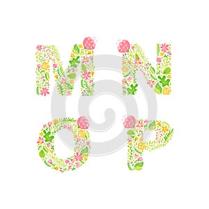 Vector Hand Drawn floral uppercase letter monograms or logo. Uppercase Letters M, N, O, P with Flowers and Branches Blossom.