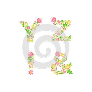 Vector Hand Drawn floral uppercase letter monograms or logo. Uppercase Letters Y, Z, with Flowers and Branches Blossom