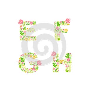Vector Hand Drawn floral uppercase letter monograms or logo. Uppercase Letters E, F, G, H with Flowers and Branches