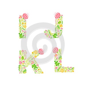 Vector Hand Drawn floral uppercase letter monograms or logo. Uppercase Letters I, J, K, L with Flowers and Branches