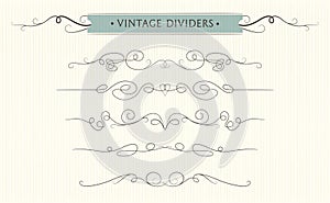 Vector hand drawn flourishes, text divider, graphic design element set. Designer art vintage border. Wedding invitation