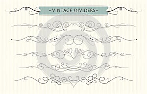 Vector hand drawn flourishes, text divider, graphic design element set. Designer art vintage border Wedding invitation card page