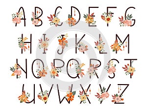 Vector hand drawn font with flowers.Set of ABCD uppercase letters isolated on white background. Handmade romantic