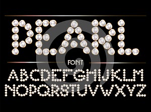 Vector hand drawn font of pearls with golden frame made in realistic style. photo