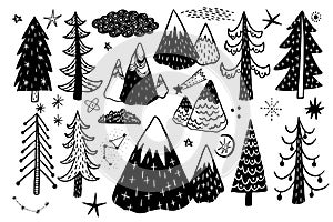 Vector hand drawn forest winter set. Elements for the design of pine, spruce, mountain. Doodle style.
