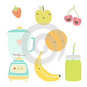 Vector hand drawn fruits, blender and
