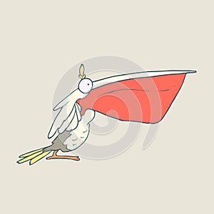 Vector hand drawn funny bird pelican with red beak on plain background