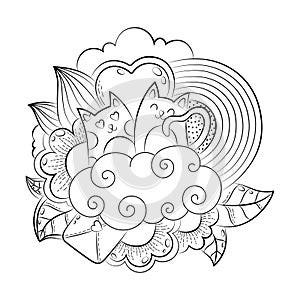 Vector hand drawn funny heart, cat, bird, sweet, cloud, balloon, butterfly illustration for adult coloring book. Sketch