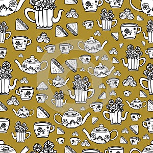 vector hand drawn garden tea party elements seamless pattern