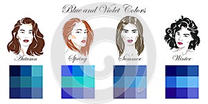 Vector hand drawn girls with different types of female appearance. Set of palettes with blue and violet colors for