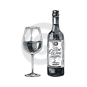 Vector hand drawn glass and bottle of wine Illustration