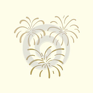 Vector hand drawn golden fireworks, illustration template, doodle fire crackers isolated on white background.