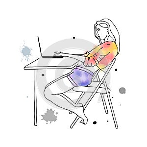 Vector hand drawn graphic illustration of cute watercolor girl, laptop, blots, drops. Black and white silhouette of beautiful