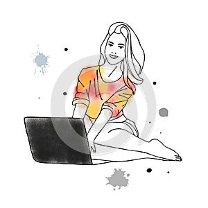 Vector hand drawn graphic illustration of cute watercolor girl, laptop, blots, drops. Black and white silhouette of beautiful