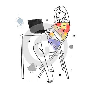 Vector hand drawn graphic illustration of cute watercolor girl, laptop, blots, drops. Black and white silhouette of beautiful