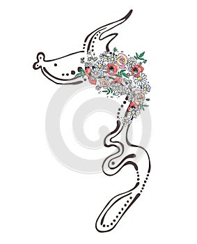 Vector hand drawn graphic illustration of sea animal, fish with flowers, leaves Sketch drawing, doodle style. Artistic abstract