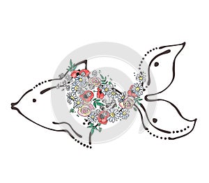 Vector hand drawn graphic illustration of sea animal, fish with flowers, leaves Sketch drawing, doodle style. Artistic abstract