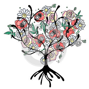 Vector hand drawn graphic illustration of tree with flowers, leaves, branch Sketch drawing, doodle style. Artistic abstract,