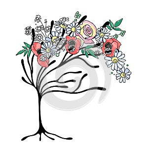 Vector hand drawn graphic illustration of tree with flowers, leaves, branch Sketch drawing, doodle style. Artistic abstract,
