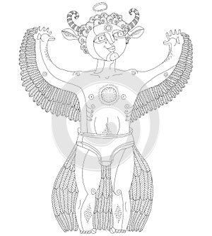 Vector hand drawn graphic monochrome illustration of bizarre creature, cartoon nude man with wings, animal side of human being. I