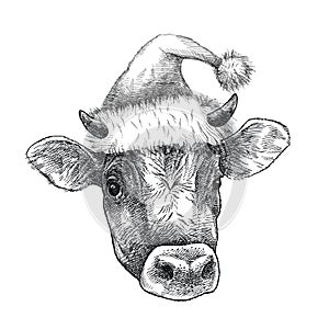 Vector hand-drawn graphic sketch of horned Bull head Jersey breed in Santa hat isolated on white background.