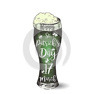 Vector Hand-drawn green beer isolated on white. Happy St. Patrick`s Day. Lettering, sketch