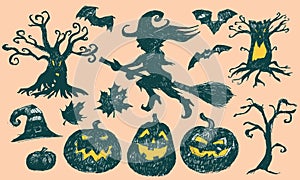 Vector hand drawn halloween spooky black silhouettes elements. Suitable for invitation card, halloween party poster.