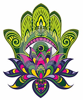 Vector hand drawn hamsa with ethnic ornaments.Lotus symbol