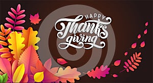 Vector Hand drawn Happy Thanksgiving, fallen leaves frame on black background. Festive style autumn calligraphy.