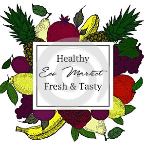 Vector hand drawn healthy food illustration. Vintage style. Retro sketch