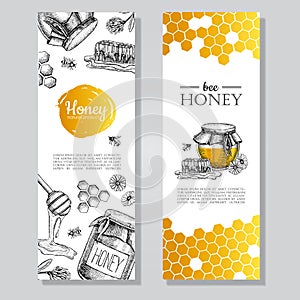 Vector hand drawn honey banners. Detailed honey engraved illust