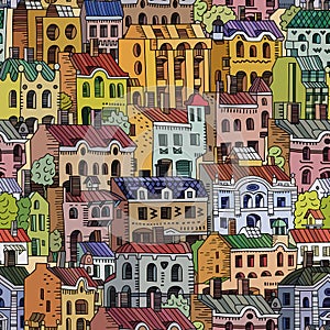 Vector hand drawn houses seamless pattern. Cartoon buildings background