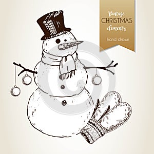 Vector hand drawn illustartion of snowman with fir balls and gloves. Vintage engraved style. Christmas decoration.