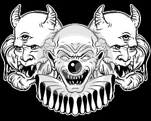 Vector hand drawn illustration of angry clown and daemon.