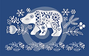 Vector hand drawn illustration of animals in Nordic Scandinavian style hygge. Silhouette of polar bear with a floral