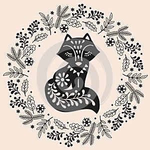 Vector hand drawn illustration of animals in Nordic style hygge. Fox in floral wreath in Folk Scandinavian style