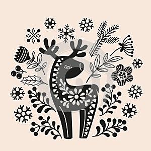Vector hand drawn illustration of animals in Nordic style hygge. Silhouette of a deer in a floral pattern in a folk